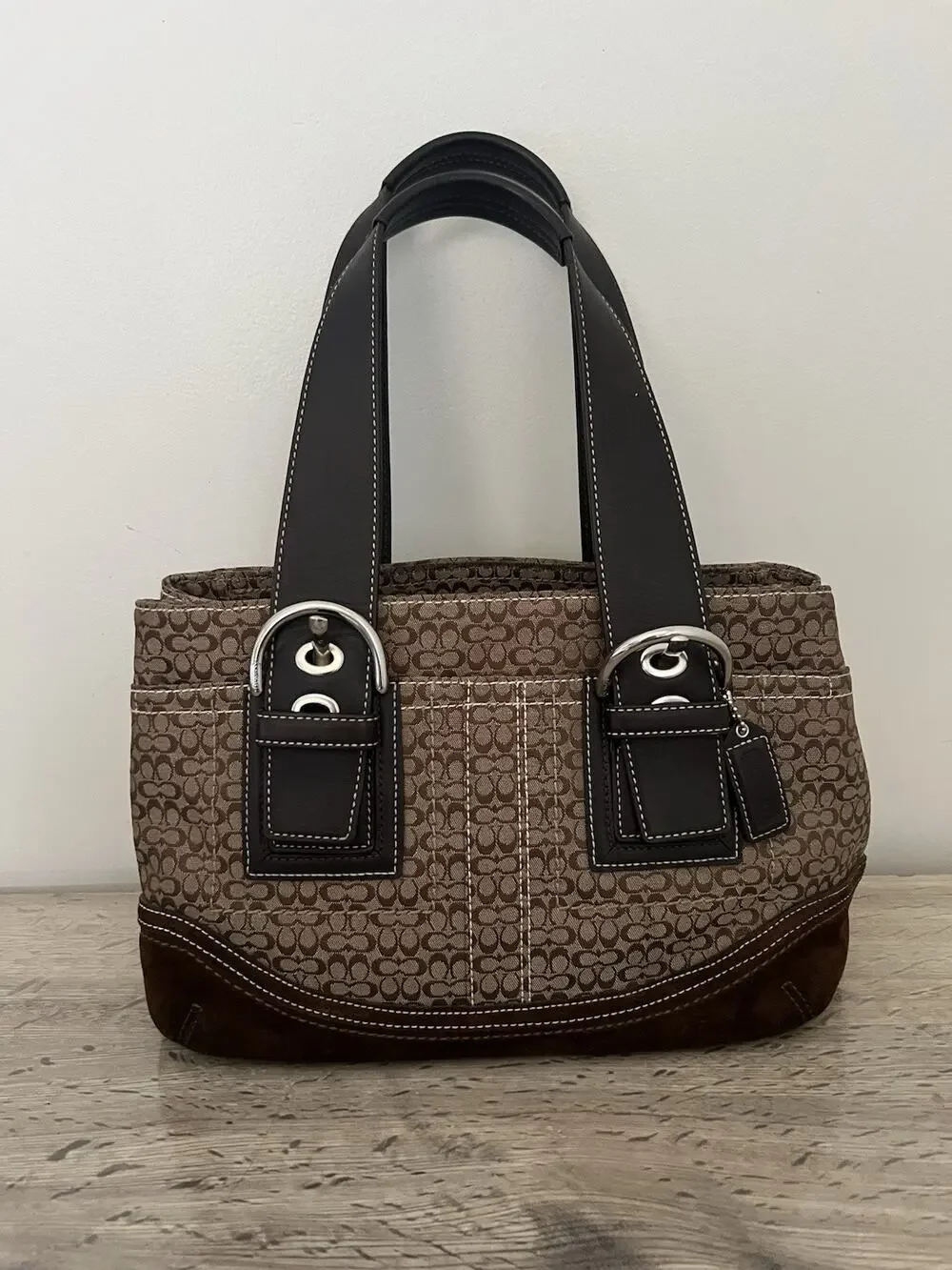 Coach Y2K Soho Signature C Canvas & Suede Leather Brown Satchel Purse Bag F10927